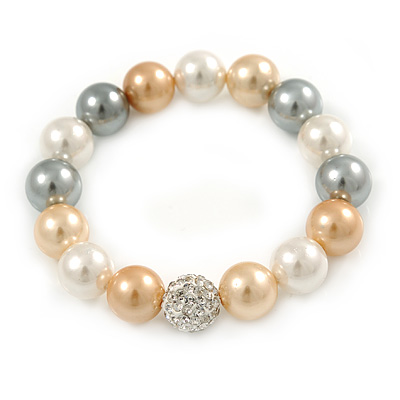 12mm Pastel Shades Polished Glass Bead with Clear Crystal Ball Flex Bracelet - 17cm L