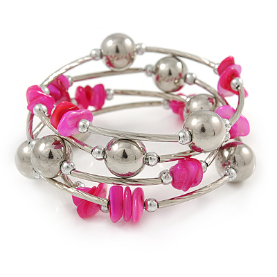 Deep Pink Shell Nugget, Mirrored Ball Bead Multistrand Flex Bracelet - Medium