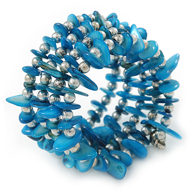 Sky Blue Shell Nugget, Silver Tone Ball Bead Multistrand Flex Bracelet - Medium