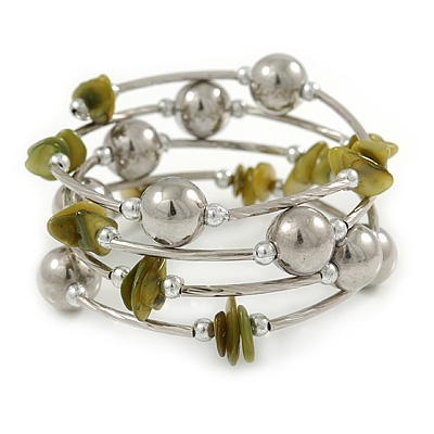 Olive Shell Nugget, Mirrored Ball Bead Multistrand Flex Bracelet - Medium