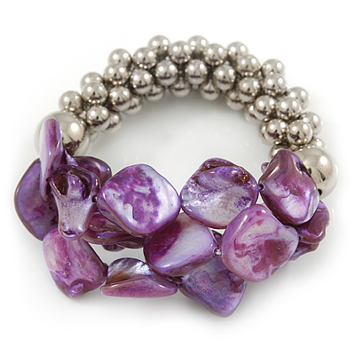 Purple Shell Mirrored Silver Acrylic Bead Flex Bracelet - 17cm L - main view
