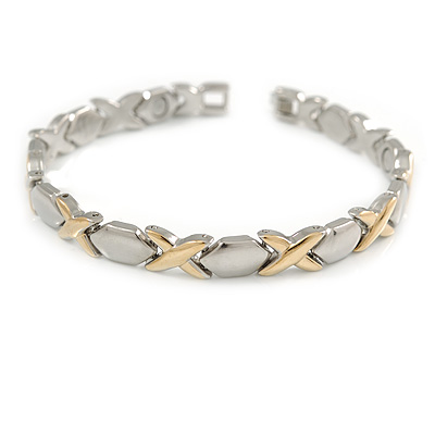 Two Tone Plated Alloy Metal Oval and Cross Motif Ladies Magnetic Bracelet - 19cm L (Large) - main view