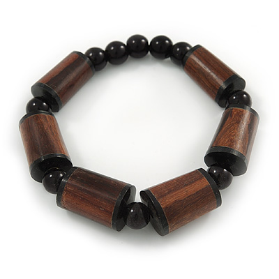 Brown Wood, Black Acrylic Bead Flex Bracelet - 18cm L