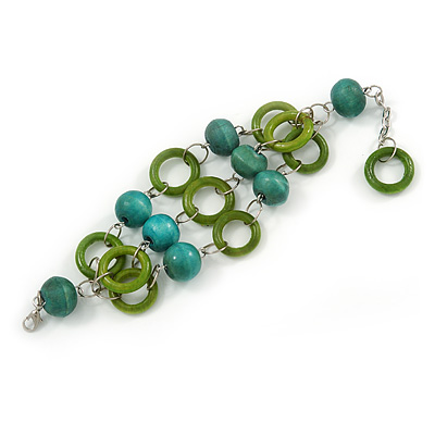 3 Strand Grass Green/ Teal Wood Bead and Loop Bracelet In Silver Tone Metal - 21cm L/ 5cm Ext