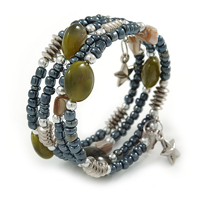 Multistrand Glass, Shell Bead Flex Bracelet (Hematite, Olive, Natural) - 17cm L