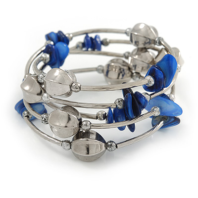 Navy Blue Shell Nugget, Mirrored Faceted Bead Multistrand Flex Bracelet - Medium