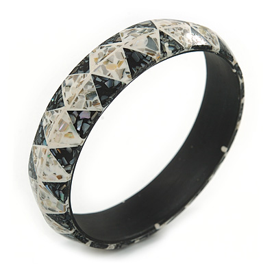 Grey/ White Mosaic Shell Component Resin Bangle Bracelet - 18cm L/ Medium - main view
