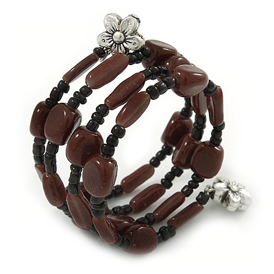 Brown/ Black Ceramic and Glass Bead Coiled Flex Bracelet - 18cm L