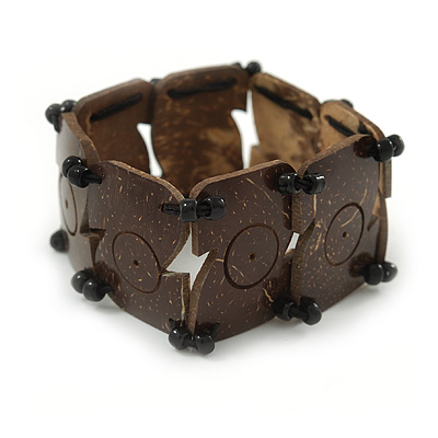 Brown Coco, Black Glass Bead Flex Bracelet - 18cm L