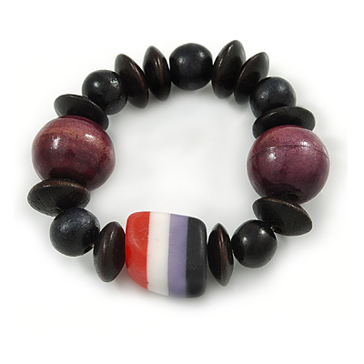 Black, Purple Wood and Resin Bead Stretch Bracelet - 16cm L - For Smaller Wrists