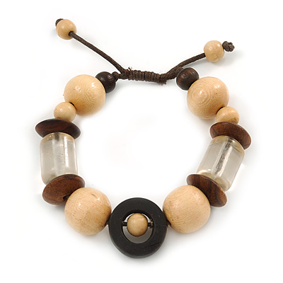 Brown/ Natural Wood and Transparent Acrylic Bead Bracelet with Cotton Cords - Adjustable - main view