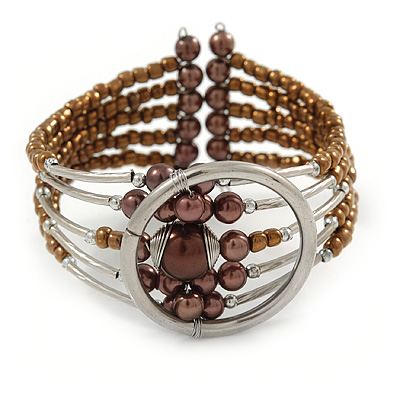 Brown Bronze Acrylic Bead Wristwatch Style Flex Cuff Bracelet - 19cm L