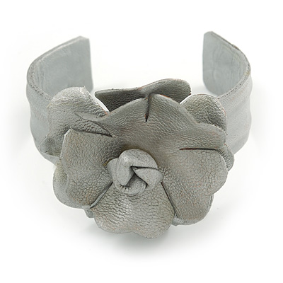 Silver Leather Style Rose Flex Cuff Bracelet - Adjustable