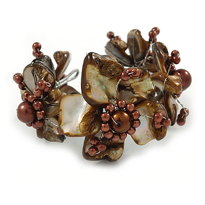 Taupe/ Coffee Brown Floral Sea Shell & Simulated Pearl Cuff Bracelet (Silver Tone) - Adjustable - main view