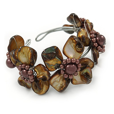 Brown Floral Sea Shell & Simulated Pearl Cuff Bracelet (Silver Tone) - Adjustable