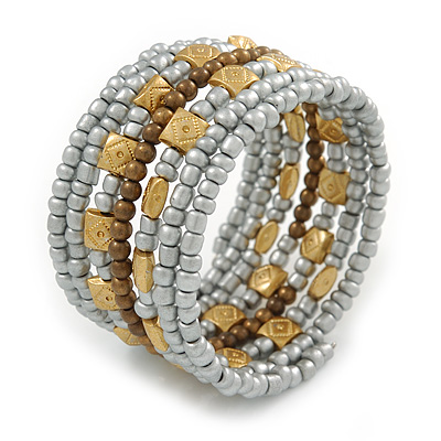 Light Grey, Brown, Gold Acrylic Glass Bead Multistrand Coiled Flex Bracelet - Adjustable
