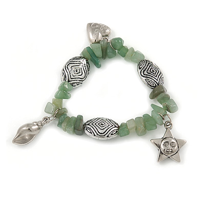 Light Green Glass Bead Charm Bracelet In Silver Tone - 20cm L - Large