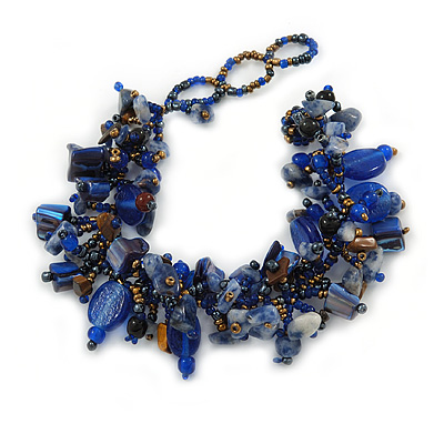 Blue/ Brown Stone, Glass, Shell Cluster Bead Bracelet - 17cm L