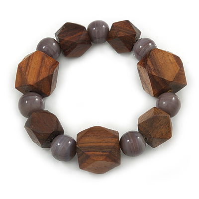 Brown Wood, Grey Ceramic Beads Flex Bracelet - 18cm L