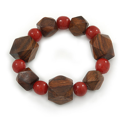 Brown Wood, Carrot Red Ceramic Beads Flex Bracelet - 18cm L