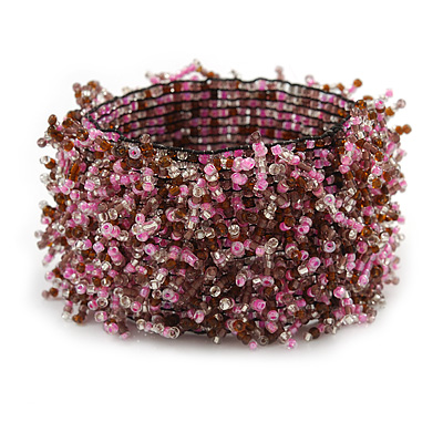 Wide Glass Bead Flex Bracelet (Pink/ Plum) - 18cm L/ Medium