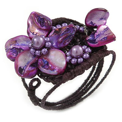Purple Shell Bead Flower Wired Flex Bracelet - Adjustable