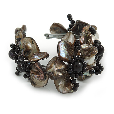 Black Shell Floral Flex Cuff Bracelet - Adjustable - main view