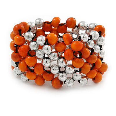 Orange Wood, Silver Acrylic Bead Flex Bracelet - 17cm L