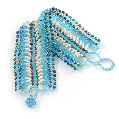 Wide Handmade Light Blue/ White Glass Bead Bracelet - 16cm L/ 2cm Ext