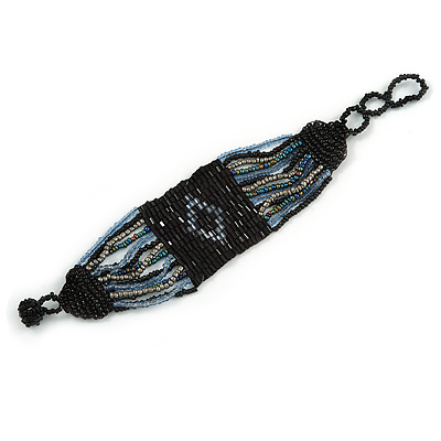 Handmade Black/ Blue/ Grey Glass Bead Bracelet with Loop and Button Closure - 16cm L/ 4cm Ext