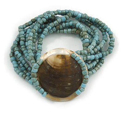 Multistrand Dusty Blue Glass Bead with Shell Motif Flex Bracelet - 19cm L