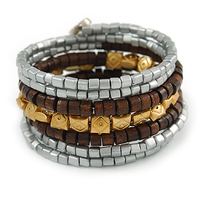 Multistrand Beaded Coiled Flex Bracelet in Silver, Brown, Gold - Adjustable