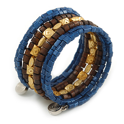 Multistrand Beaded Coiled Flex Bracelet in Blue, Brown, Gold - Adjustable