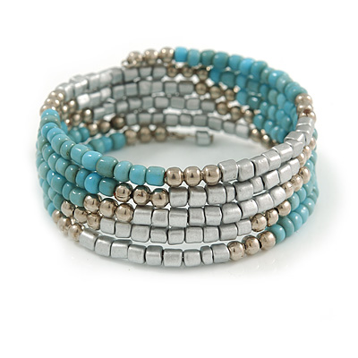 Light Blue Glass Bead, Silver Acrylic Bead Multistrand Coiled Flex Bracelet - Adjustable