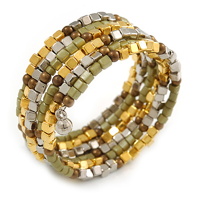 Multistrand Acrylic Bead Coiled Flex Bracelet In Silver, Gold, Olive, Brown - Adjustable