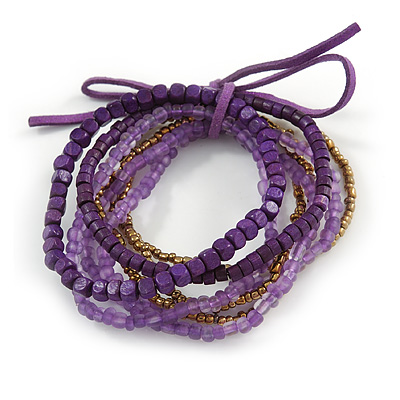 Stylish Multistrand Wood and Glass Bead Flex Bracelet (Purple, Bronze) - 18cm L