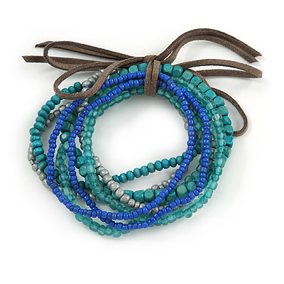 Stylish Multistrand Wood, Acrylic and Glass Bead Flex Bracelet (Teal, Blue, Grey) - 18cm L