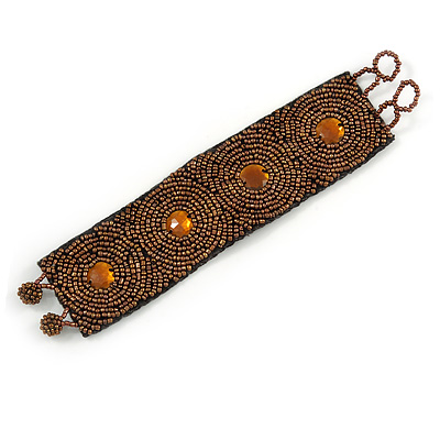 Handmade Boho Style Bronze/ Amber Glass Bead Wristband Bracelet - 16cm L/ 2cm Ext - main view