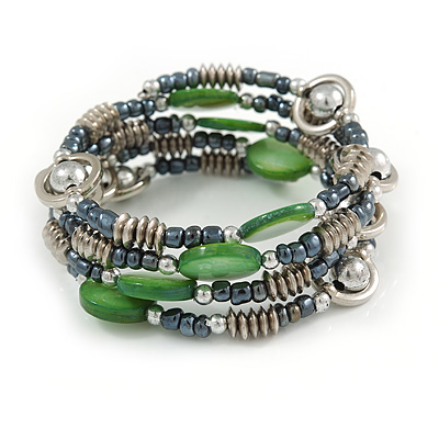 Multstrand Glass, Shell, Acrylic Bead Coiled Flex Bracelet (Green, Hematite, Silver) - Adjustable