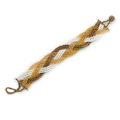 White/ Bronze/ Gold Glass Bead Plaited Bracelet - 19cm L - Large