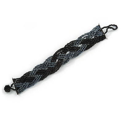 Black/ Hematite Glass Bead Plaited Bracelet - 18cm L