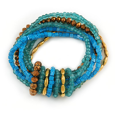 Multistrand Blue/ Teal/ Bronze Glass, Gold Acrylic Bead Flex Bracelet - 18cm Long