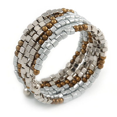 Silver/ Brown Acrylic Bead Multistrand Coiled Flex Bracelet - Adjustable - main view