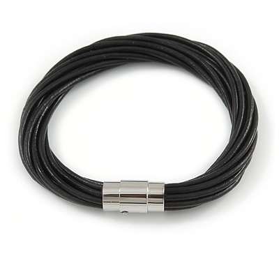 Trendy Multi Cord Black Leather Magnetic Bracelet with Silver Tone Closure - 20cm L