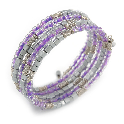 Multistrand Glass, Acrylic Bead Coiled Flex Bracelet (Silver, Lavender) - Adjustable