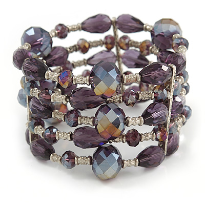 Statement Wide Purple Glass Bead Multistrand Flex Bracelet - 20cm (Adjustable) Large