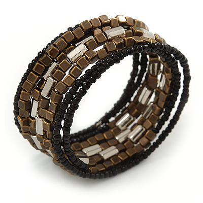 Dark Brown/ Black/ Silver Glass/ Acrylic Bead Multistrand Coiled Flex Bracelet - Adjustable - main view