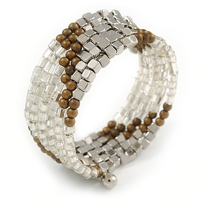 Multistrand Glass, Acrylic Bead Coiled Flex Bracelet (Silver, Transparent, Bronze) - Adjustable