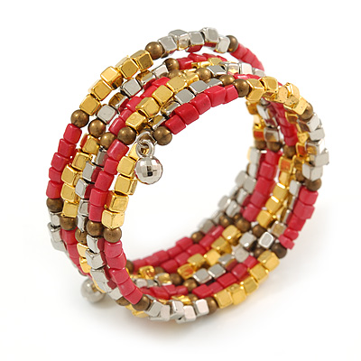 Multistrand Glass, Acrylic Bead Coiled Flex Bracelet (Silver, Pink, Gold, Bronze) - Adjustable