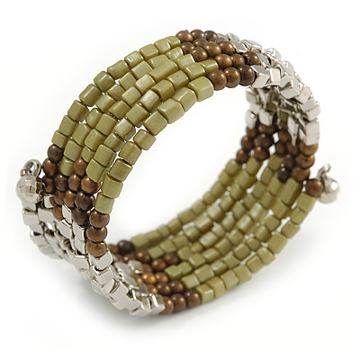 Olive/ Brown/ Silver Acrylic Bead Multistrand Coiled Flex Bracelet - Adjustable
